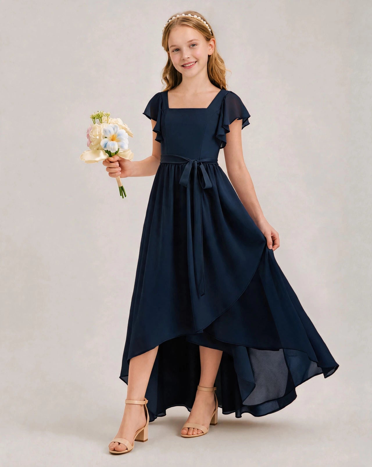 Navy Blue Chiffon A-line Junior Bridesmaid Dress Front View