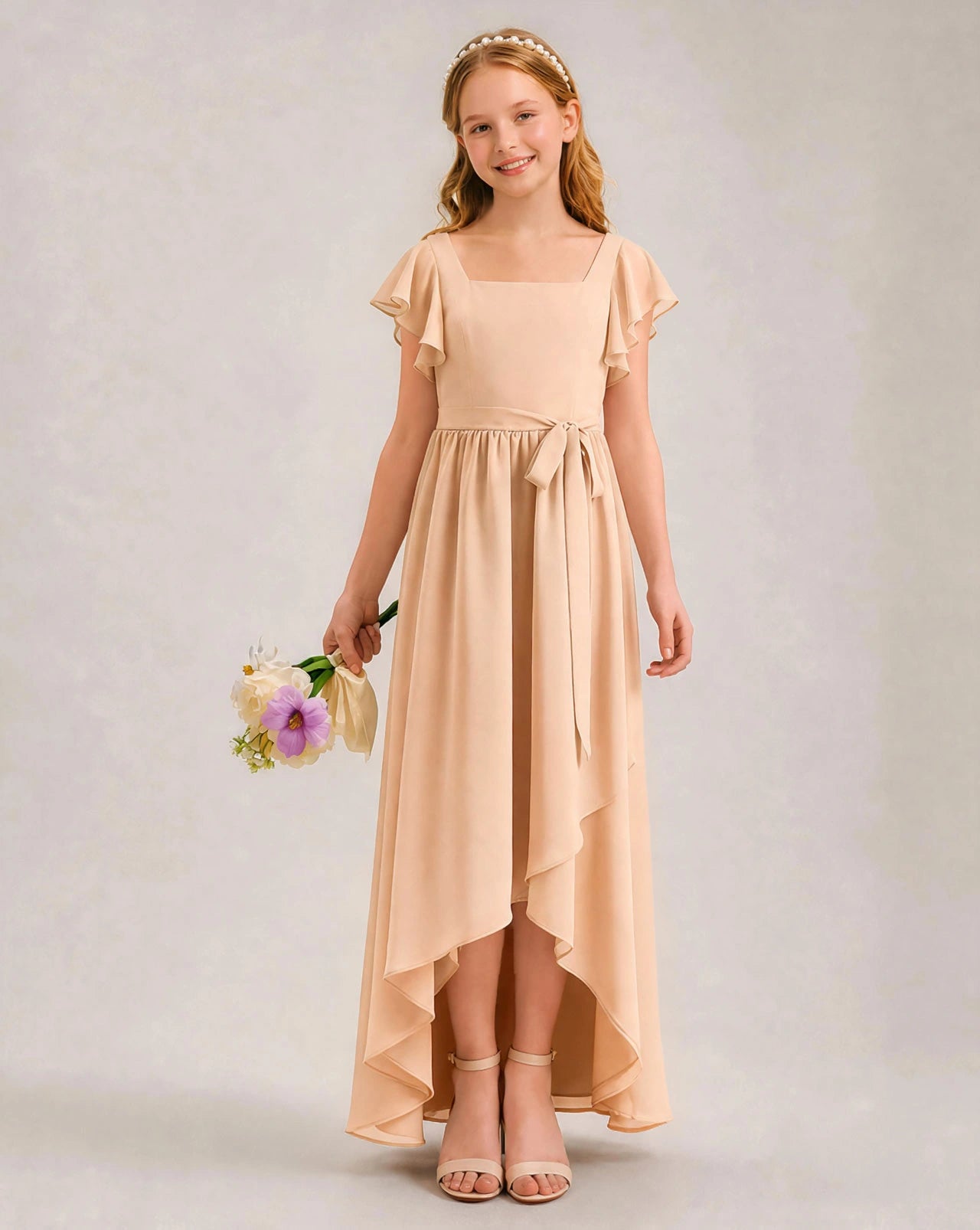 Peach Chiffon A-line Junior Bridesmaid Dress Front View