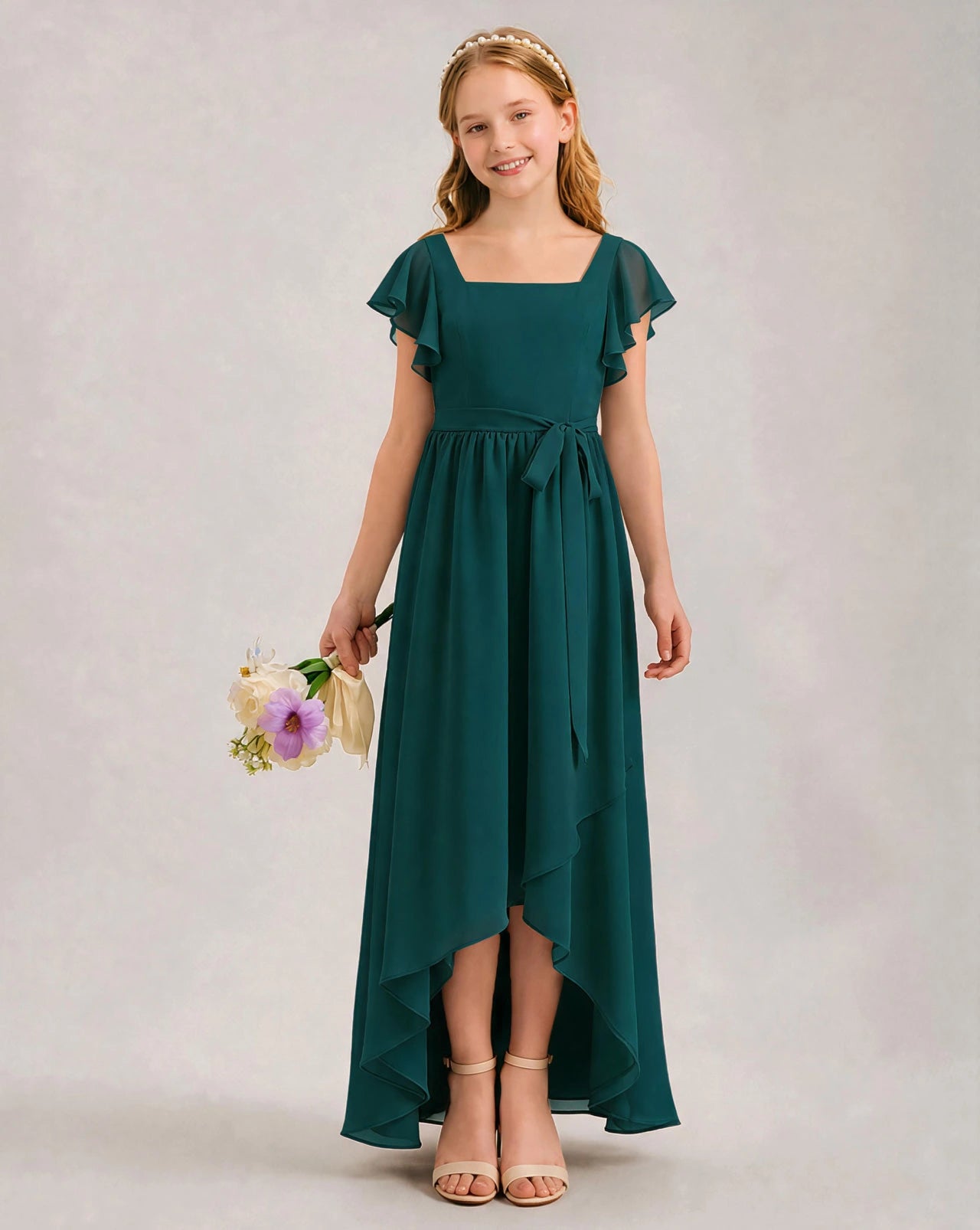 Peacock Chiffon A-line Junior Bridesmaid Dress Front View
