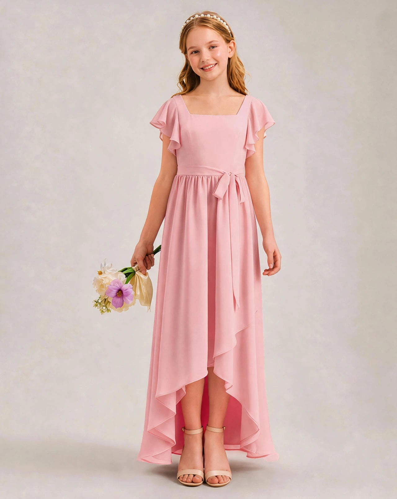Pink Chiffon A-line Junior Bridesmaid Dress Front View