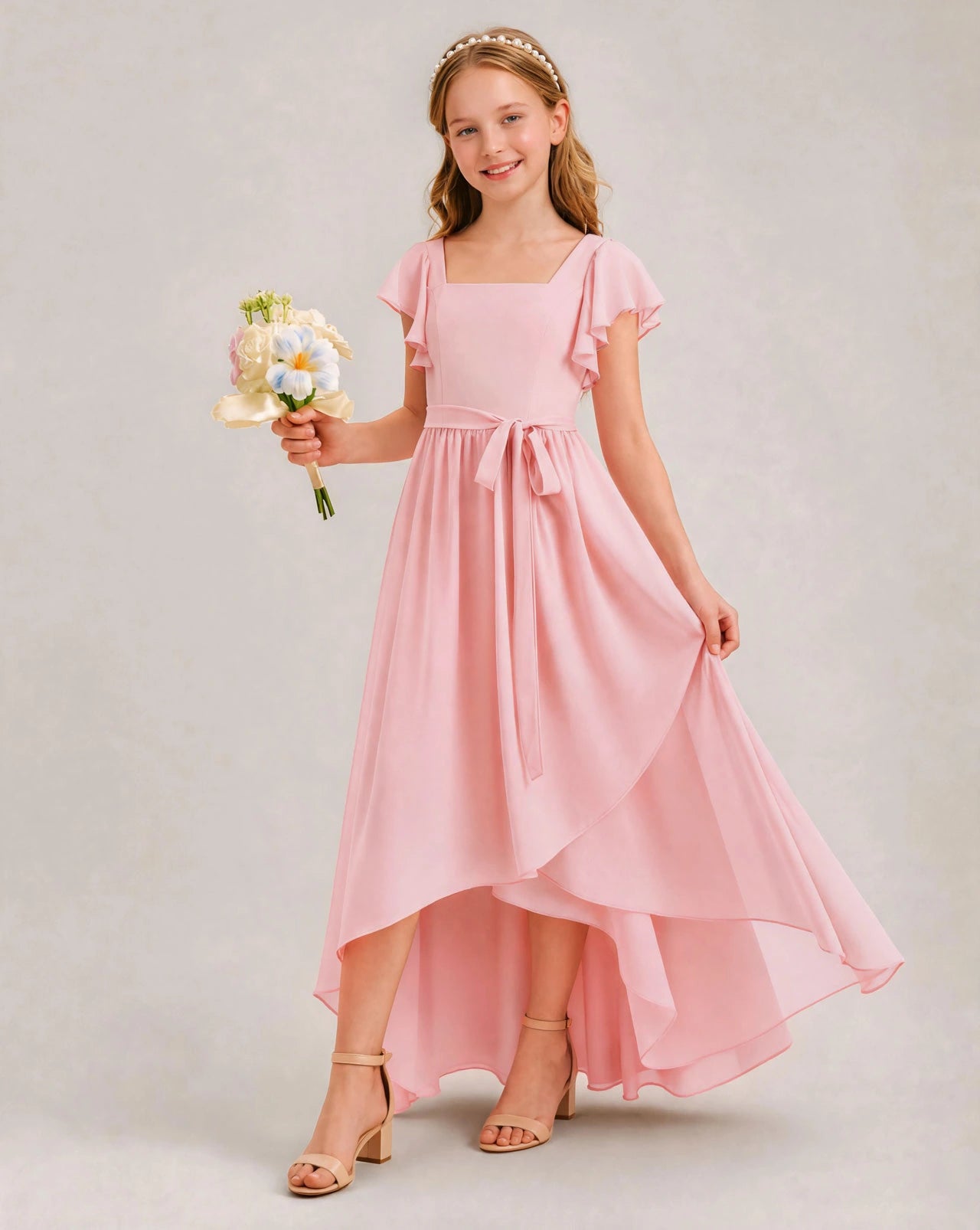 Pink Chiffon A-line Junior Bridesmaid Dress Front View