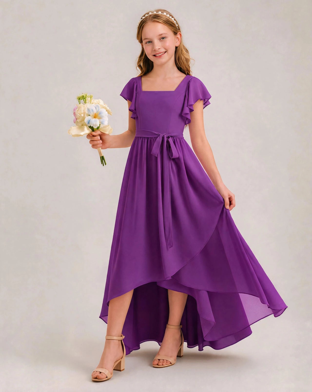 Purple Chiffon A-line Junior Bridesmaid Dress Front View