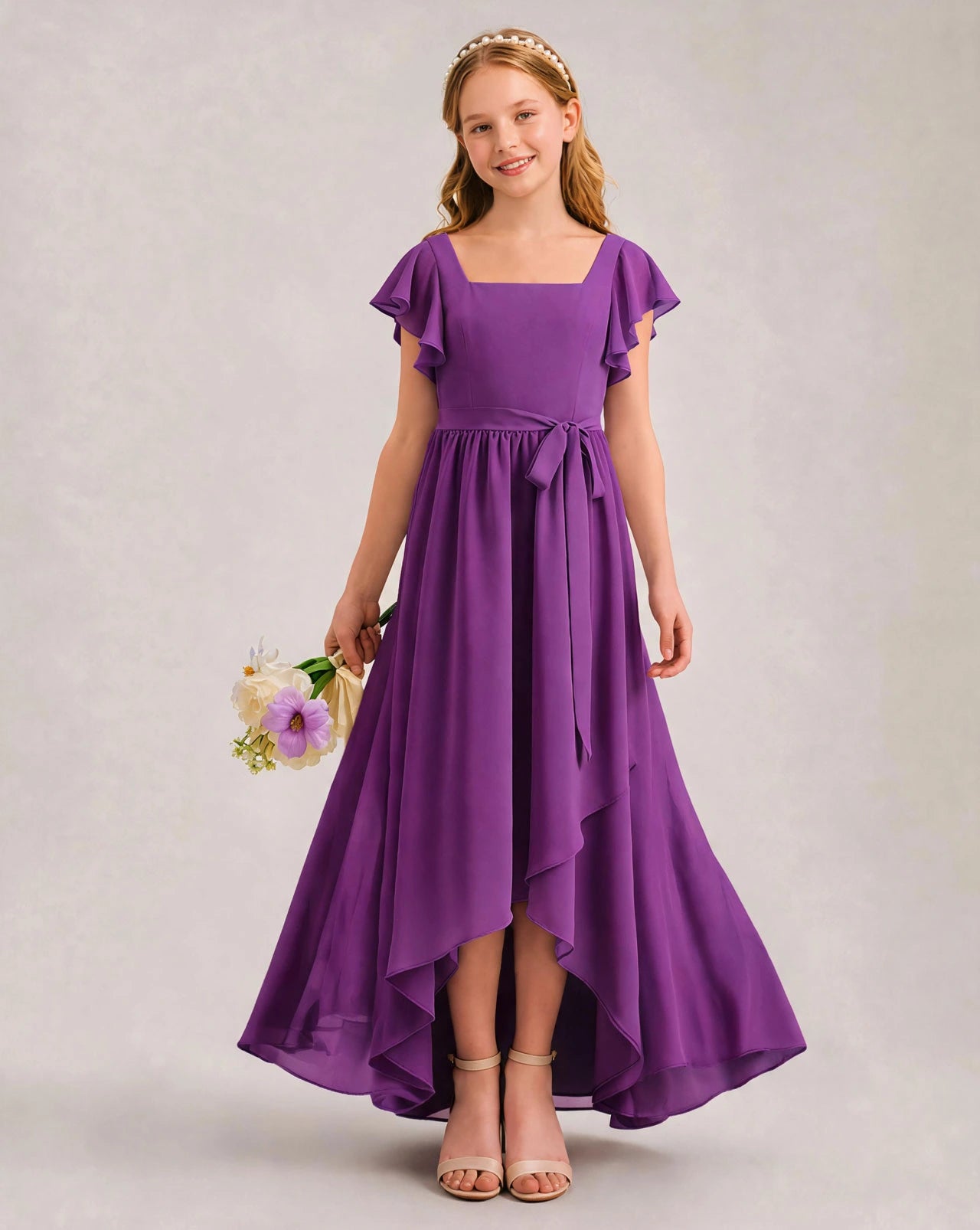 Purple Chiffon A-line Junior Bridesmaid Dress Front View