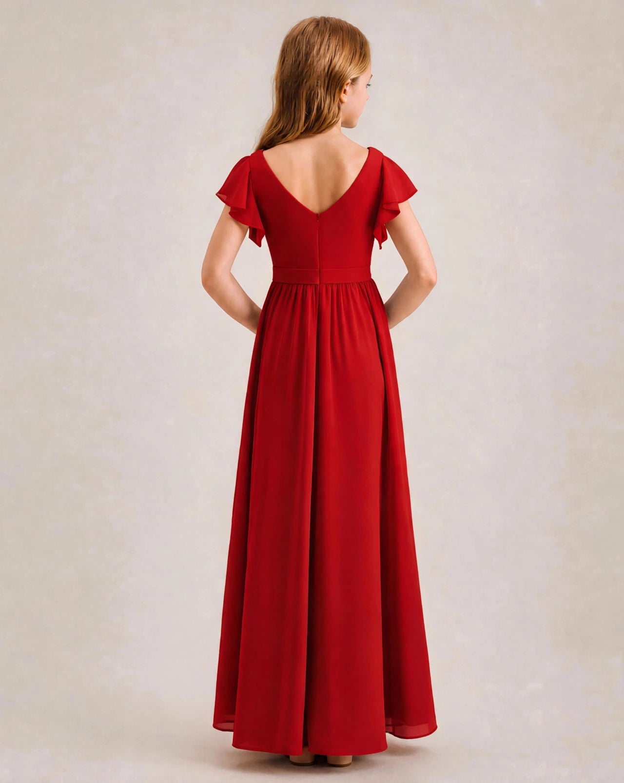 Red Chiffon A-line Junior Bridesmaid Dress Back View
