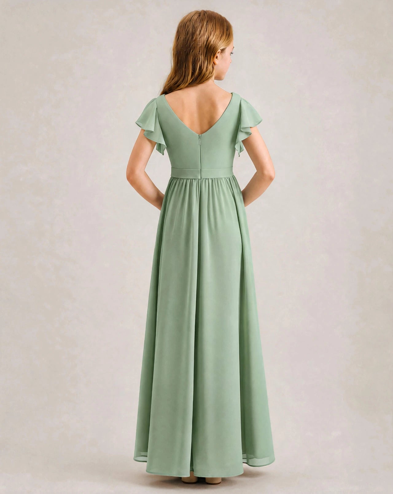 Sage Green Chiffon A-line Junior Bridesmaid Dress Back View