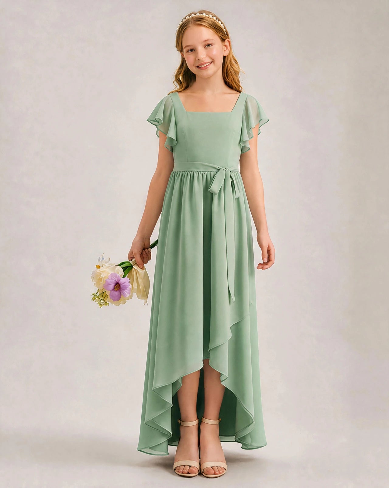 Sage Green Chiffon A-line Junior Bridesmaid Dress Front View