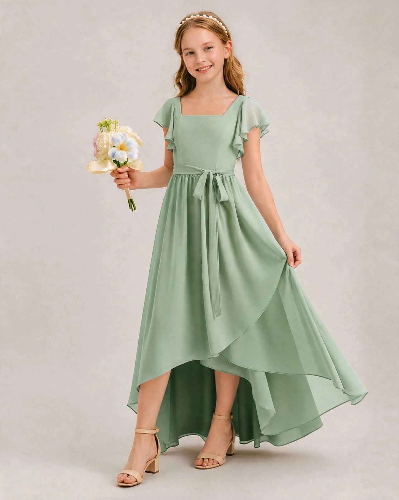 sage green junior bridesmaid dresses Flower Girl Dress Mermaid Style Boho Dress 11/12 / Dress/Jewel Sash line cut Sage V-Neck Junior Bridesmaid Dresses