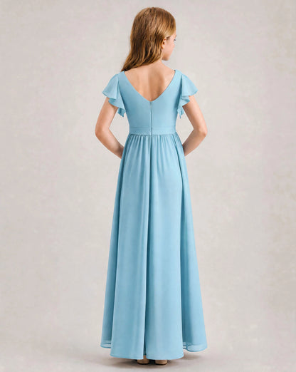 Sky-Blue Chiffon A-line Junior Bridesmaid Dress Back View