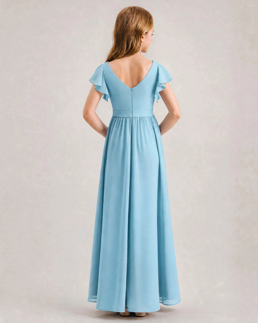 Sky-Blue Chiffon A-line Junior Bridesmaid Dress Back View