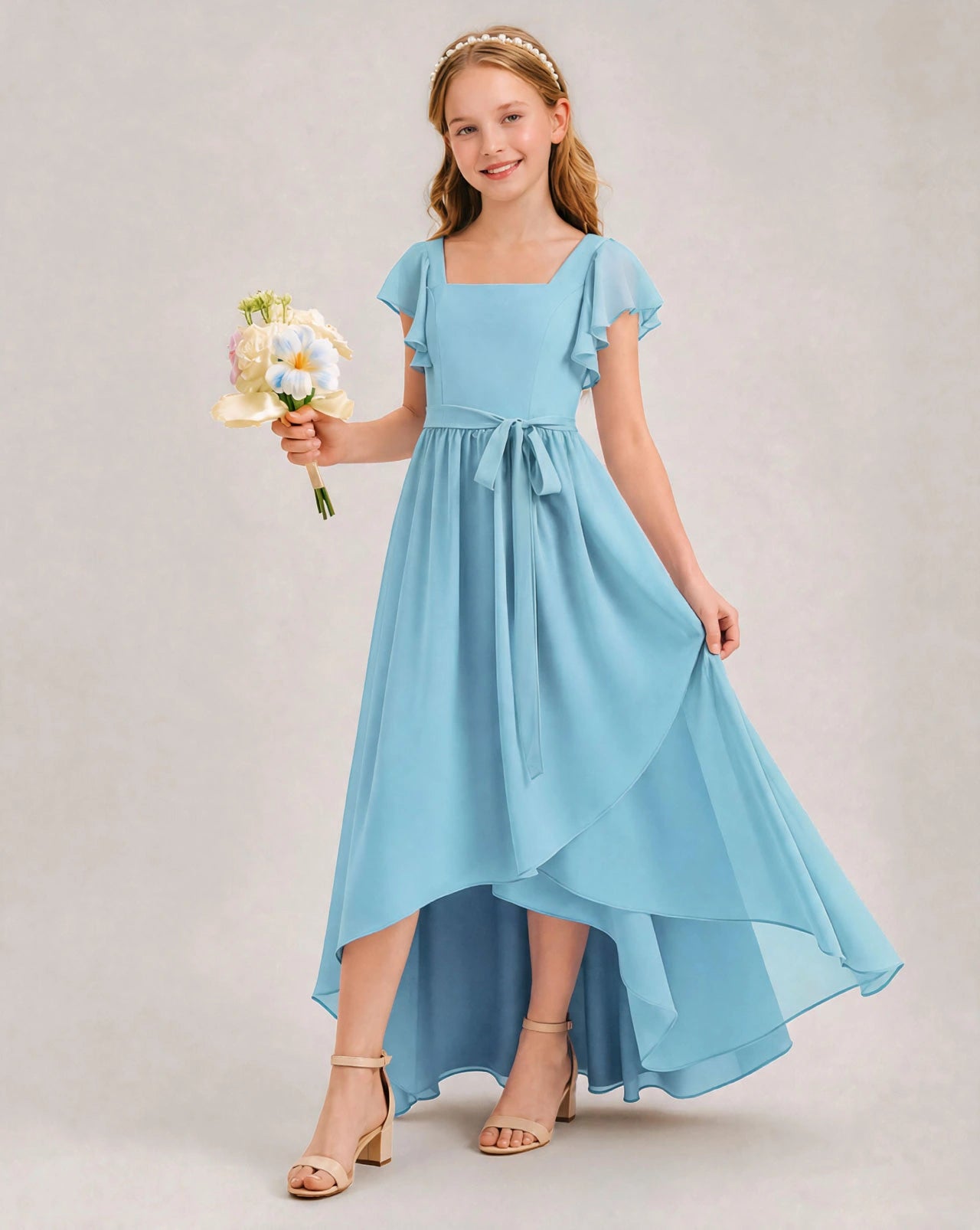 Sky Blue Chiffon A-line Junior Bridesmaid Dress Front View