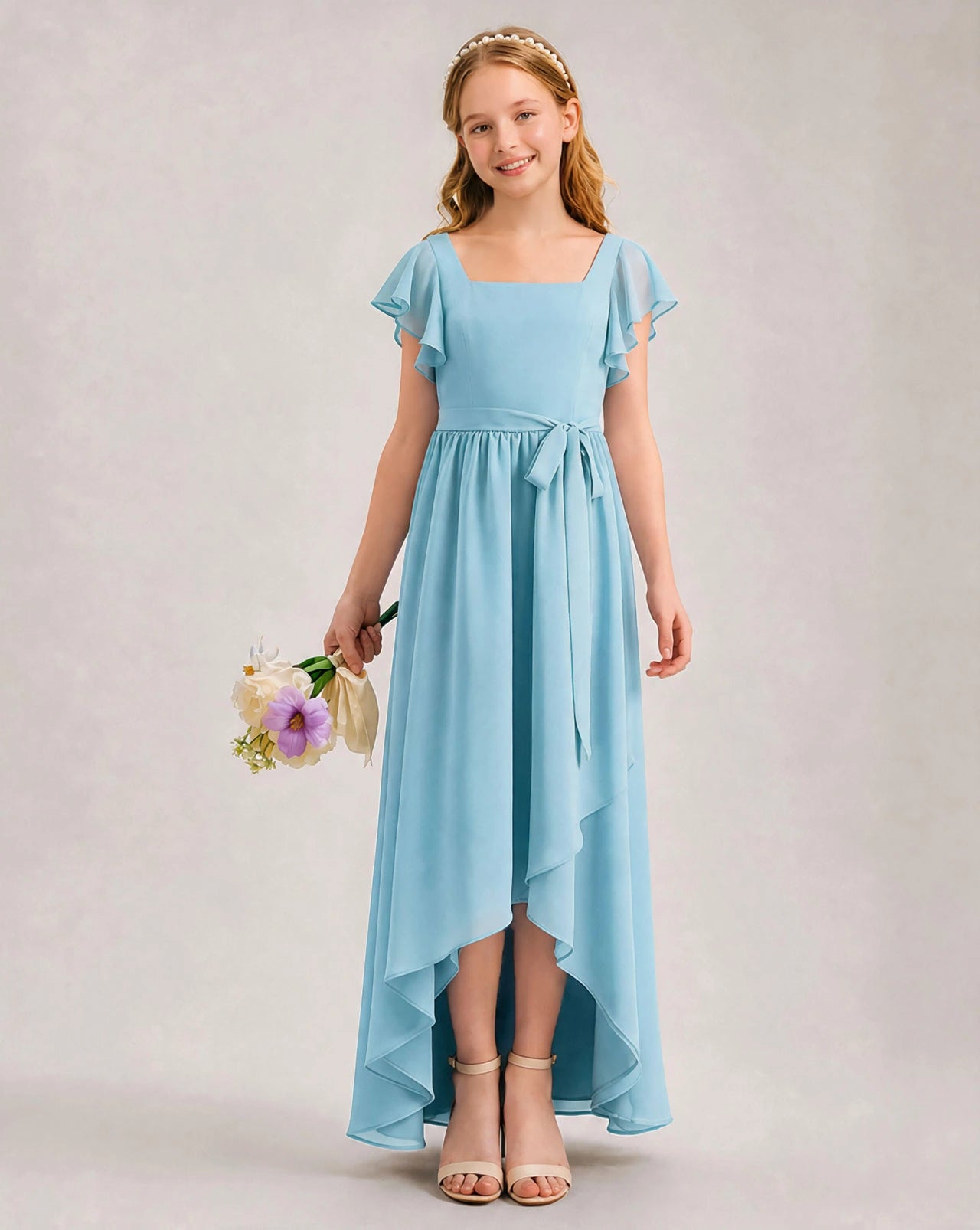 Sky-Blue Chiffon A-line Junior Bridesmaid Dress Front View