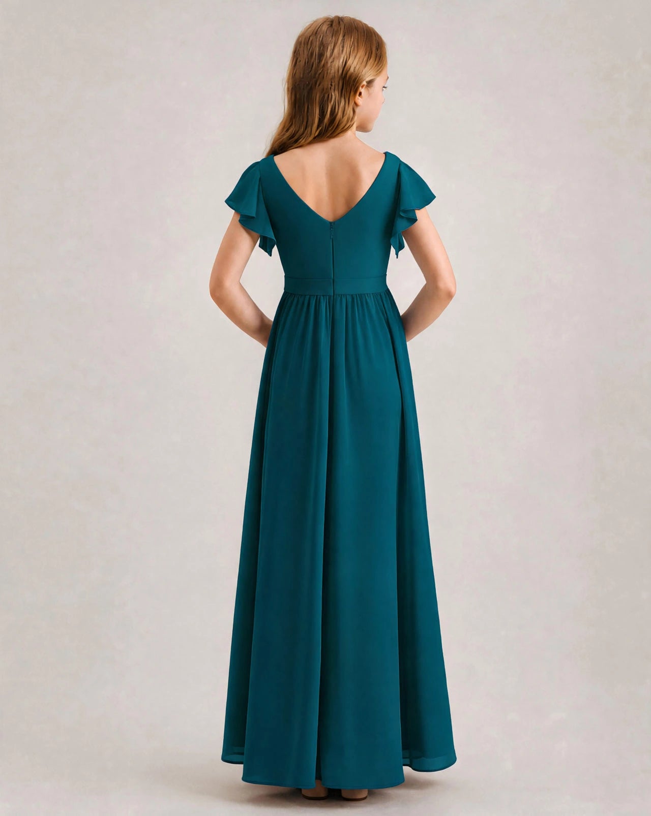 Teal Chiffon A-line Junior Bridesmaid Dress Back View
