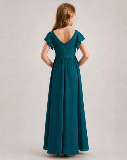 Teal Chiffon A-line Junior Bridesmaid Dress Back View