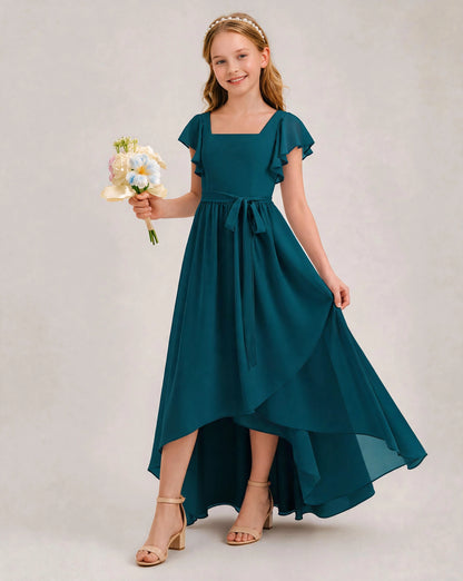 Teal Chiffon A-line Junior Bridesmaid Dress Front View