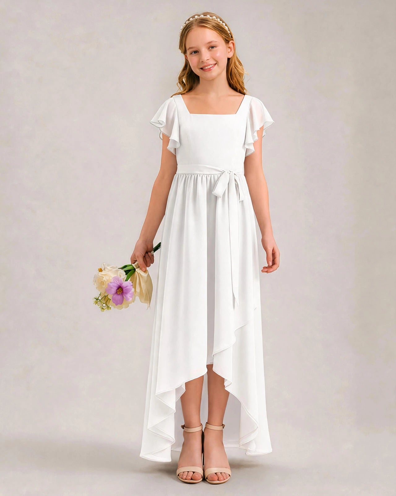 White Chiffon A-line Junior Bridesmaid Dress Front View