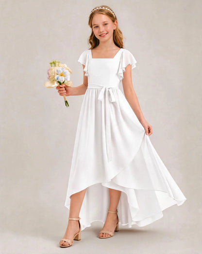 White Chiffon A-line Junior Bridesmaid Dress Front View