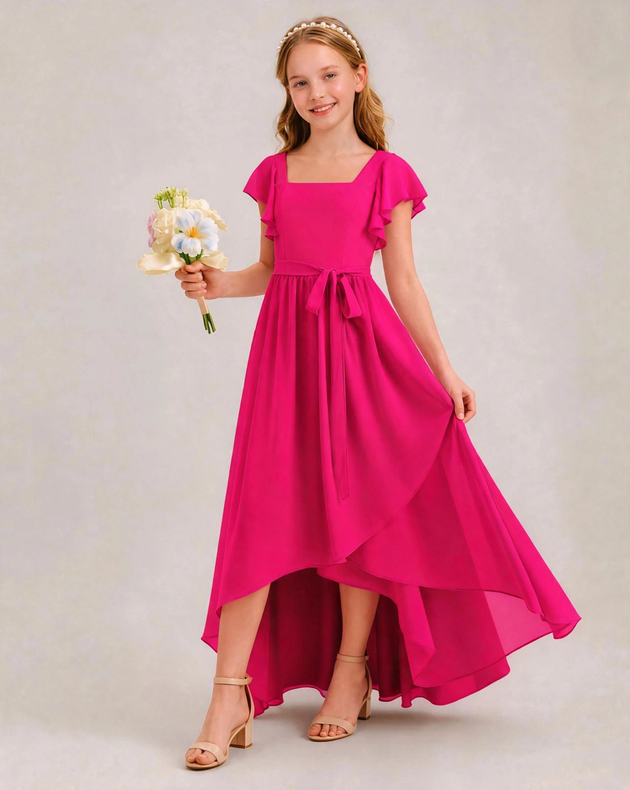 Hot Pink Chiffon A-line Junior Bridesmaid Dress Front View