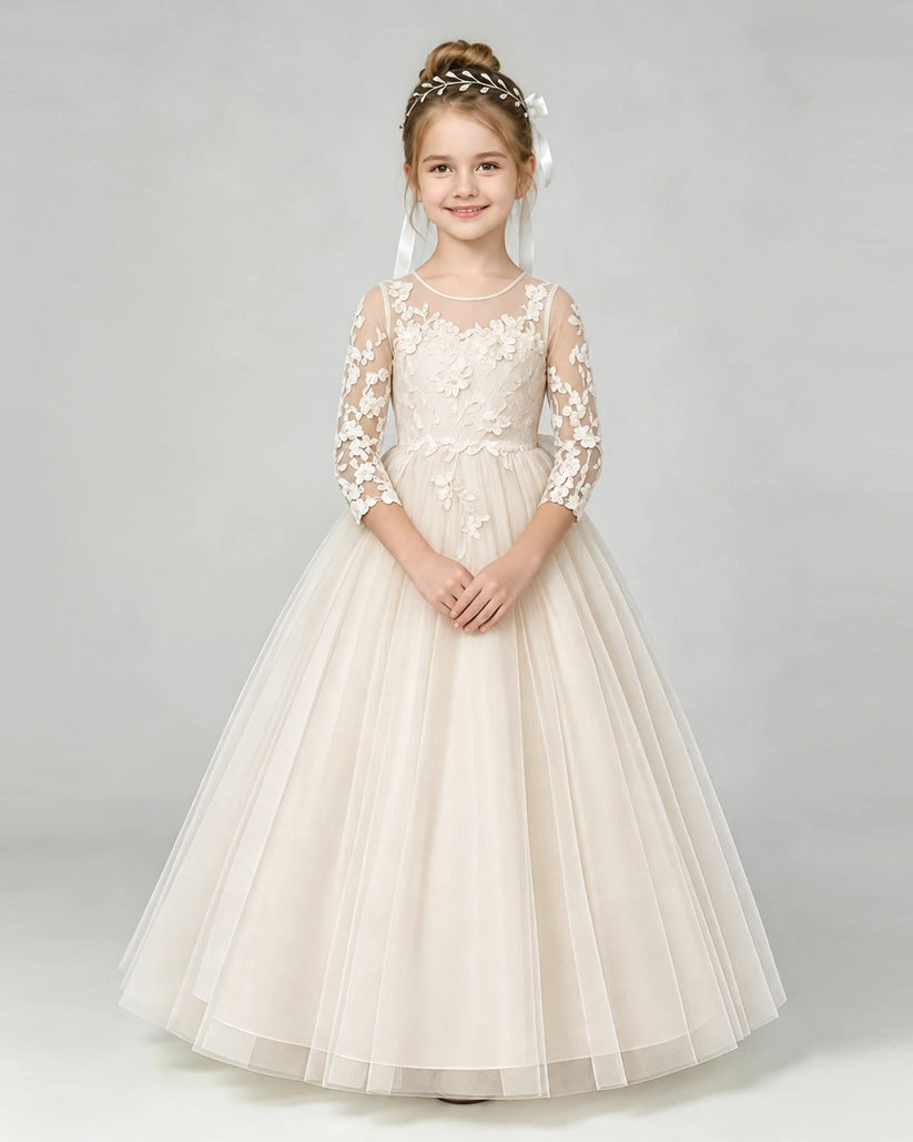 Champagne Tulle A-line First Communion Dress Front View