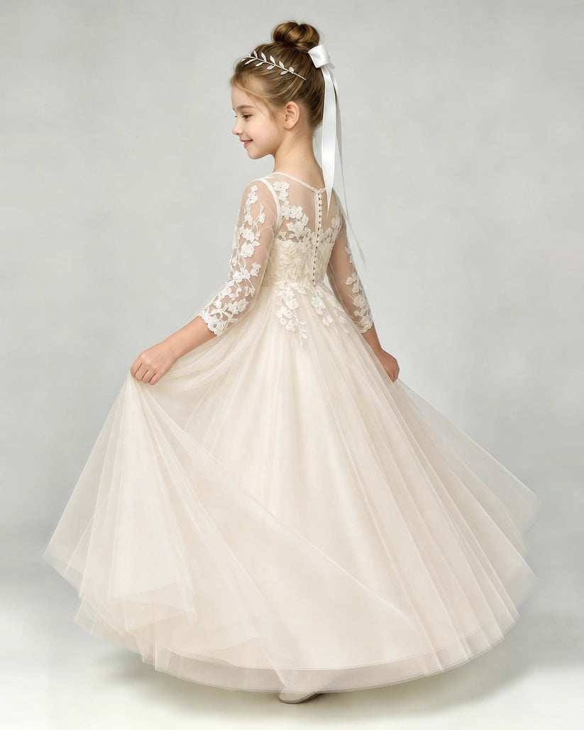 Champagne Tulle A-line First Communion Dress Side View