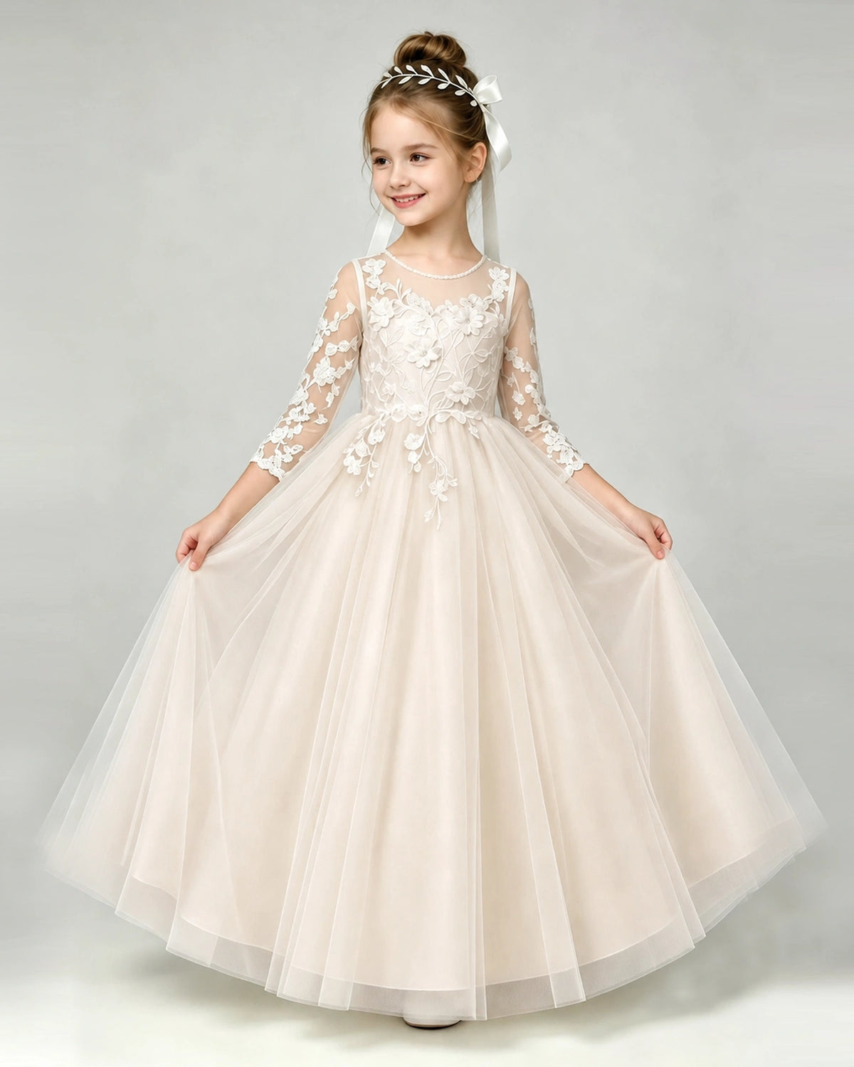 a line first communion dresses Dress | Lace Tulle 3/4 Sleeve Gown the Ivy Dream gown Essential Styles Color:Yellow As Picture Elegant Evenings Laurel MS