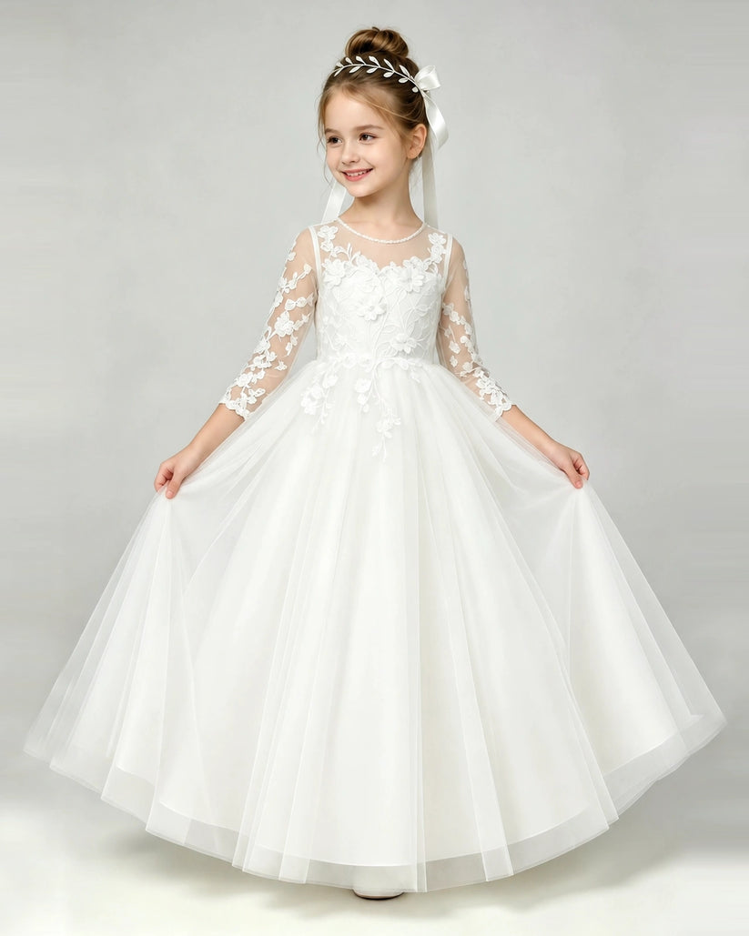 Ivory Tulle A-line First Communion Dress Front View