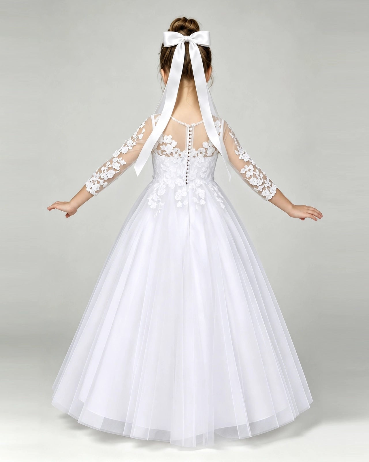 Dideyttawl White Flower Girl Dress 3/4 Sleeve Lace Applique Tulle Ball Gown Zweitbild