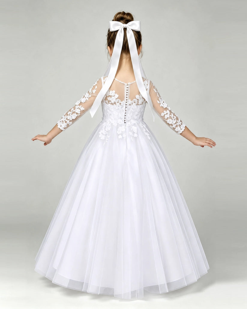 White Tulle A-line First Communion Dress Back View