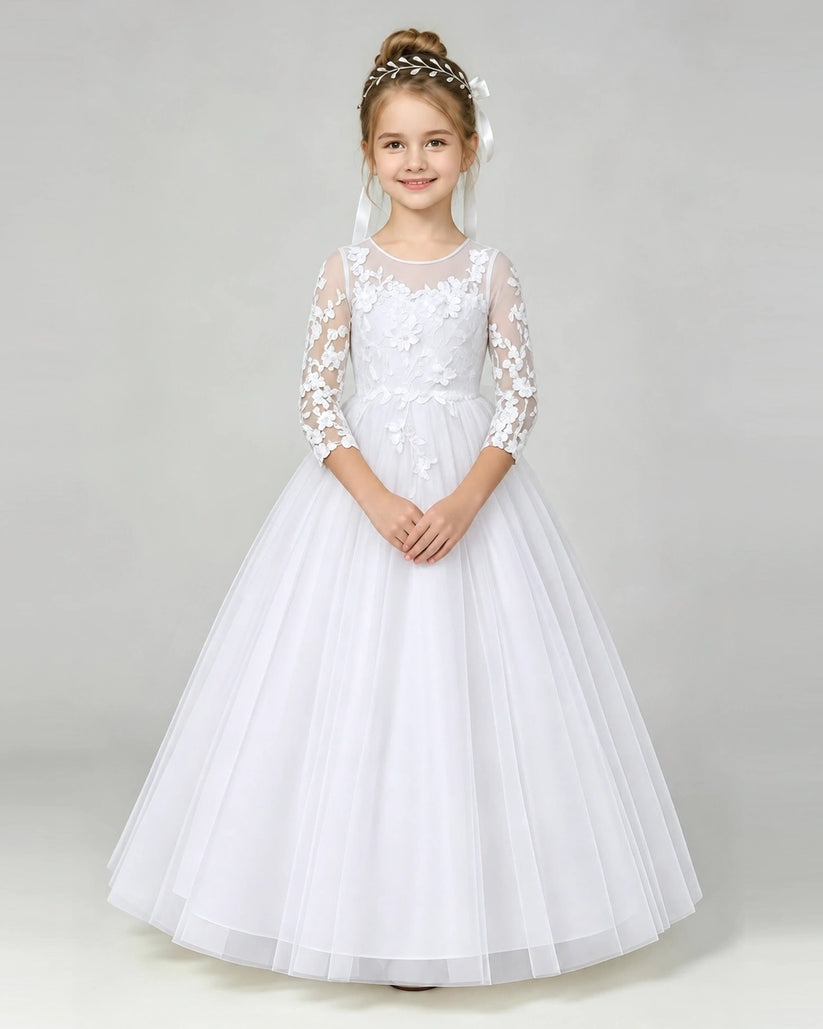 White Tulle A-line First Communion Dress Front View