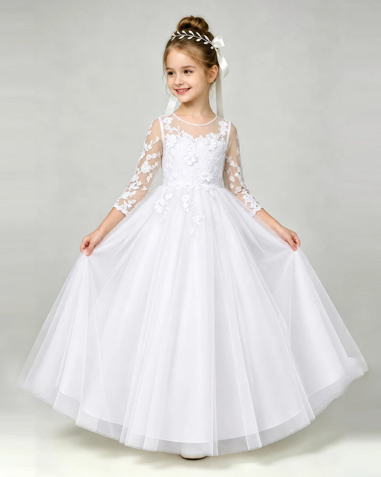 White Tulle A-line First Communion Dress Front View
