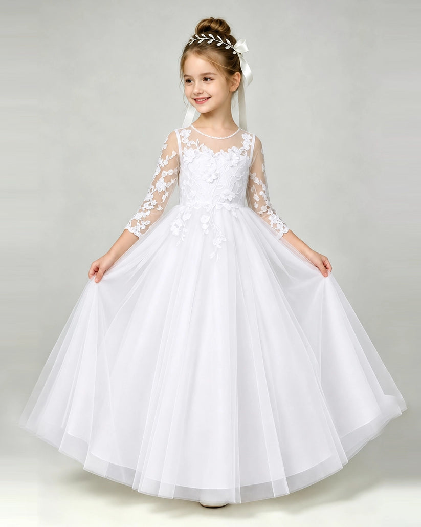 White Tulle A-line First Communion Dress Front View