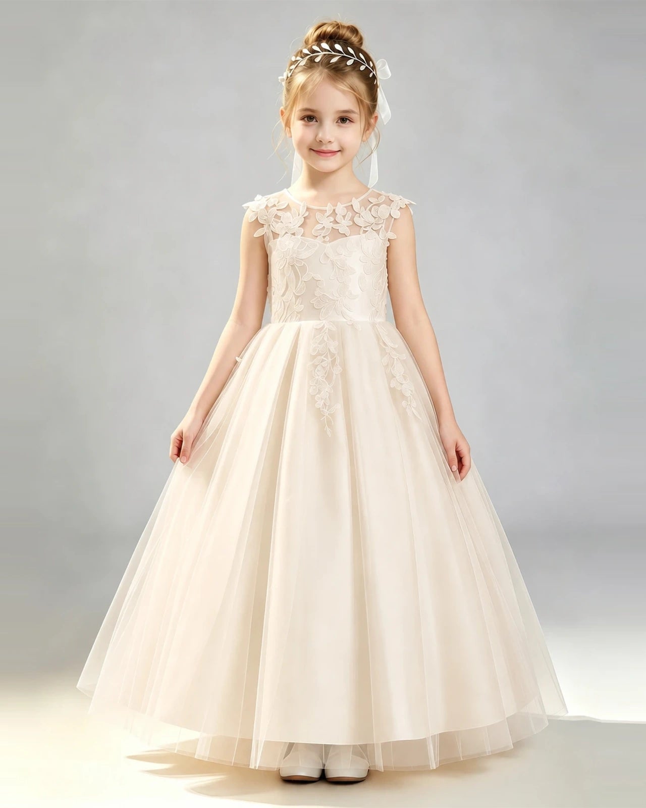 Champagne Tulle A-line First Communion Dress Front View