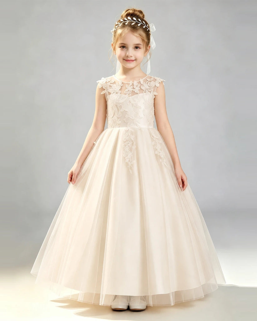 Champagne Tulle A-line First Communion Dress Front View