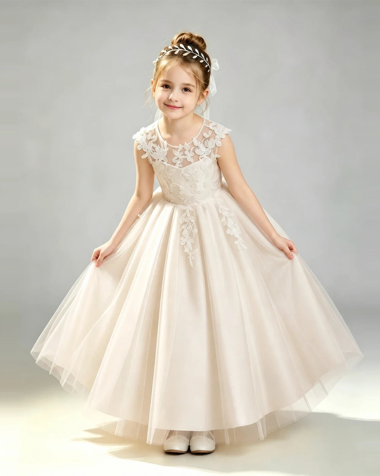 Champagne Tulle A-line First Communion Dress Front View
