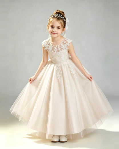 Champagne Tulle A-line First Communion Dress Front View
