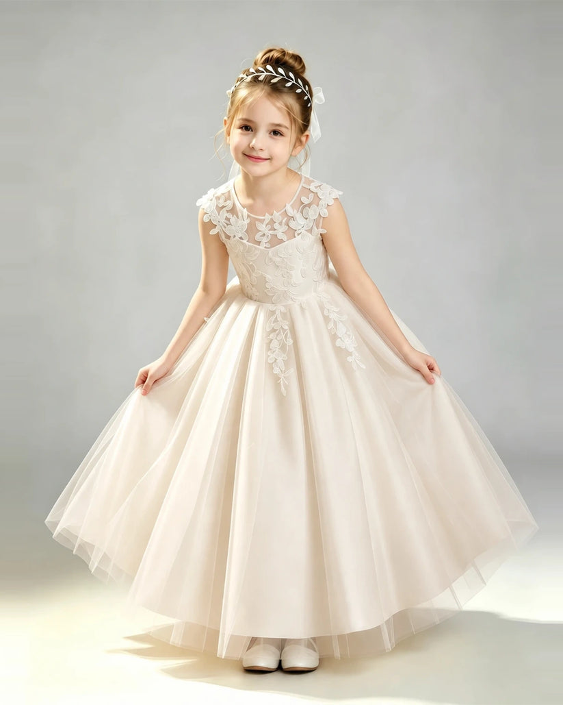Champagne Tulle A-line First Communion Dress Front View