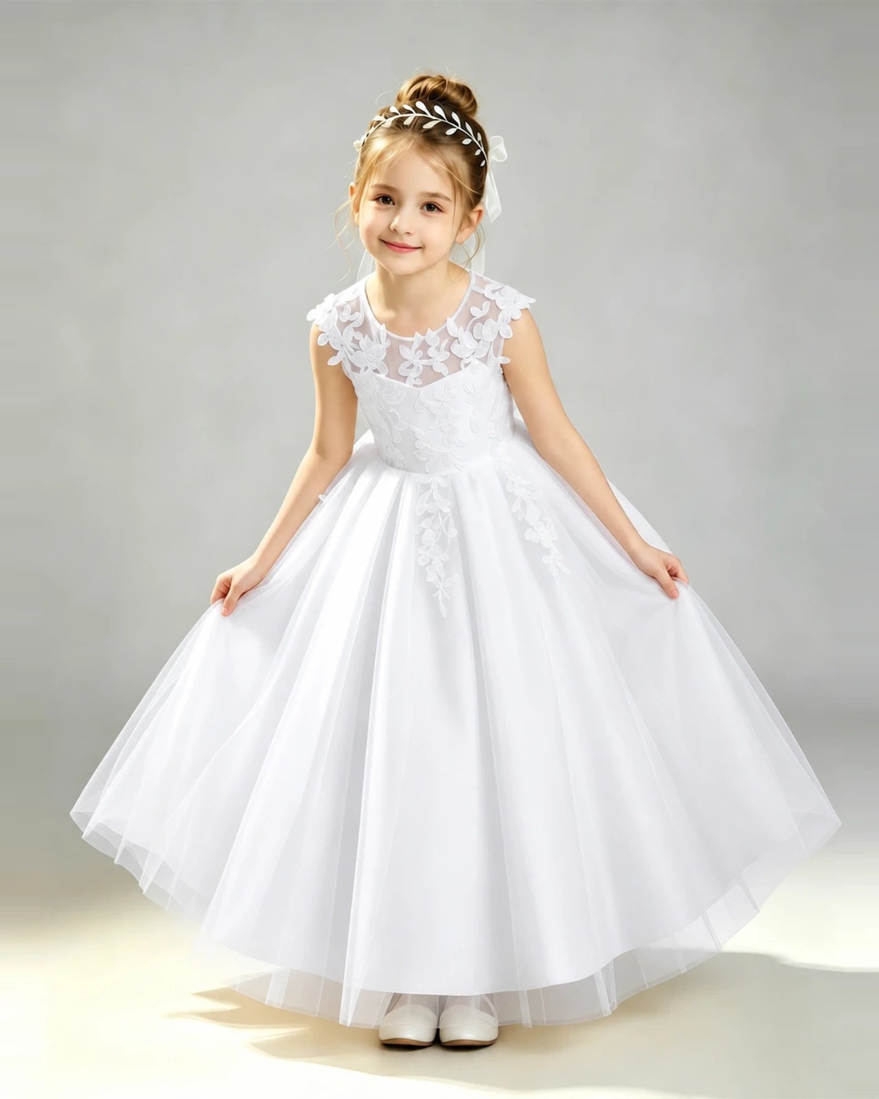 White Tulle A-line First Communion Dress Front View