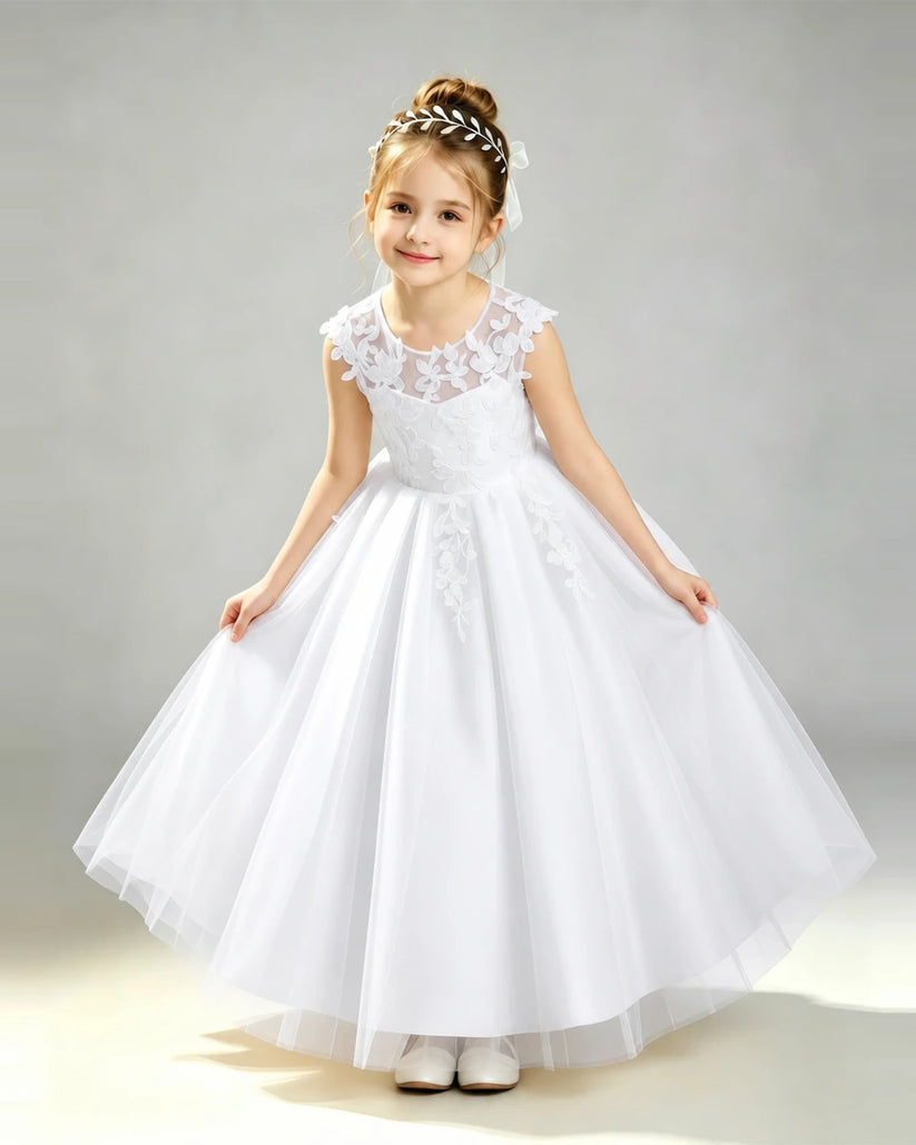 White Tulle A-line First Communion Dress Front View