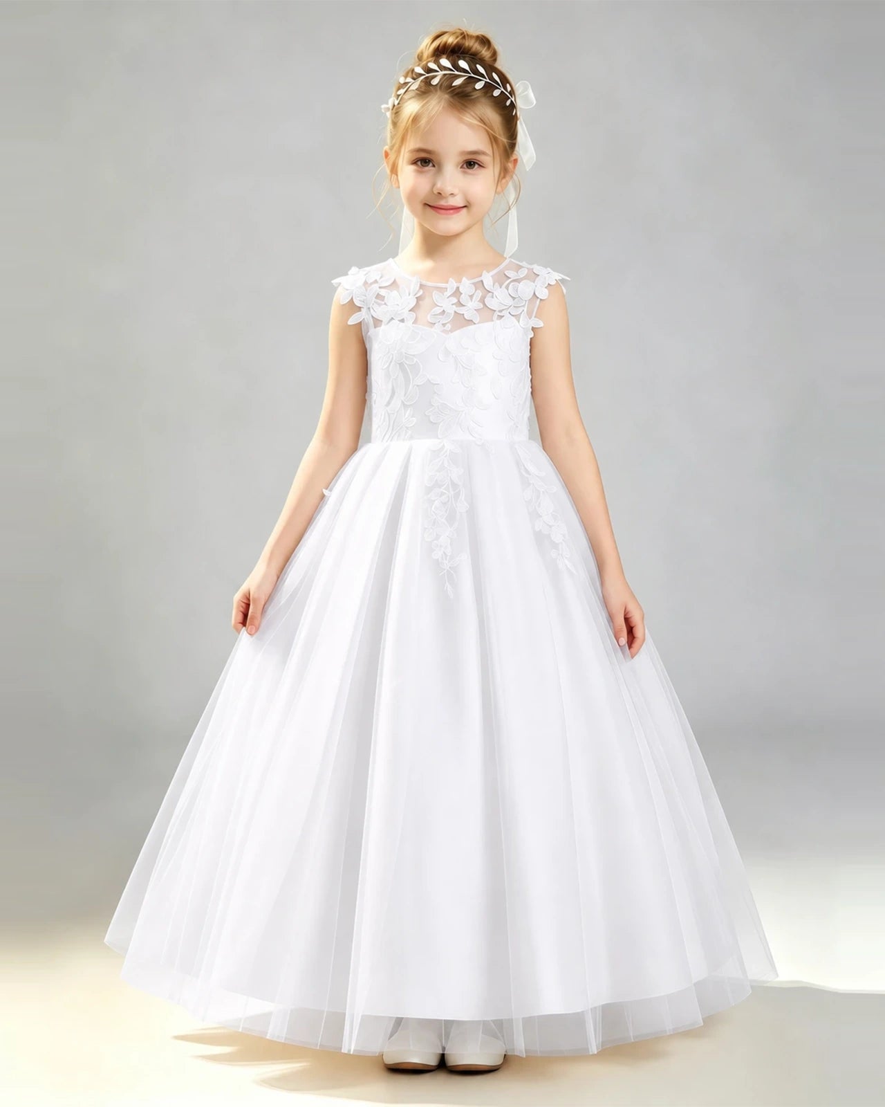 White Tulle A-line First Communion Dress Front View