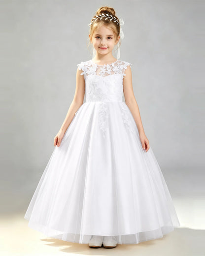 White Tulle A-line First Communion Dress Front View