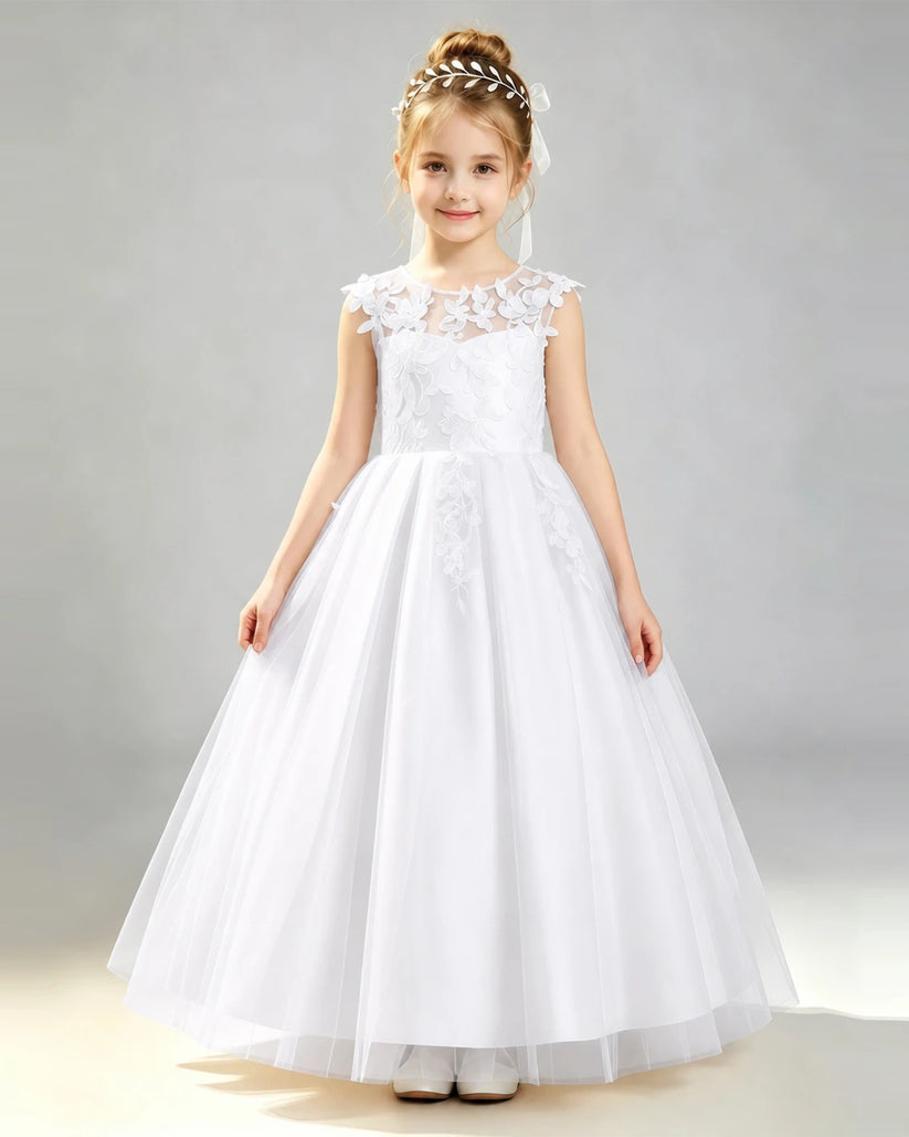 White Tulle A-line First Communion Dress Front View