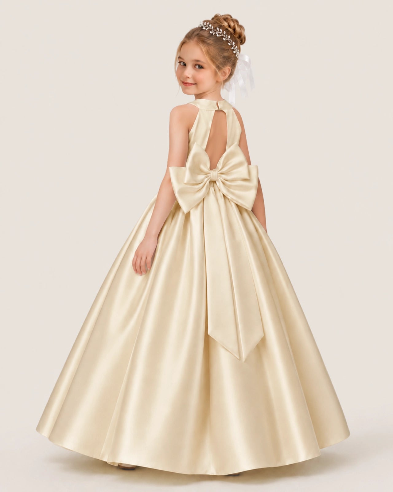 Dideyttawl Satin A-Line Flower Girls Dress Princess Ball Gown with Bow
