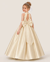 Champagne Satin A-line Flower Girl Dress Back View