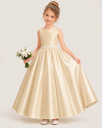 Dideyttawl White Flower Girl Dress Sleeveless Satin Ball Gown with Pearl Waist