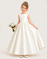 Ivory Satin A-line Flower Girl Dress Front View