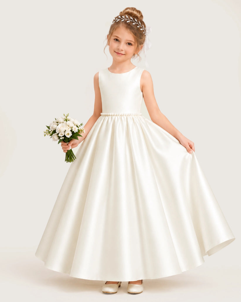 Ivory Satin A-line Flower Girl Dress Front View