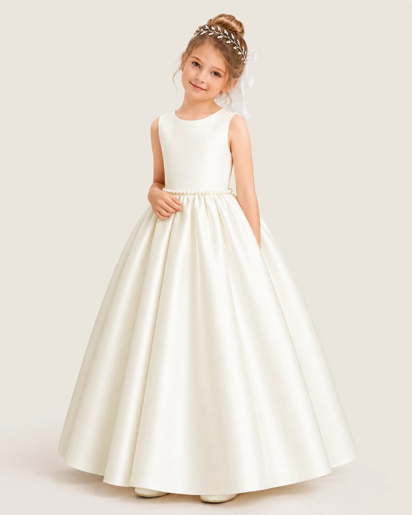 Ivory Satin A-line Flower Girl Dress Front View