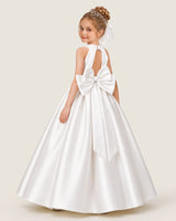 White Satin A-line Flower Girl Dress Back View