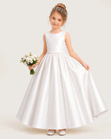 White Satin A-line Flower Girl Dress Front View