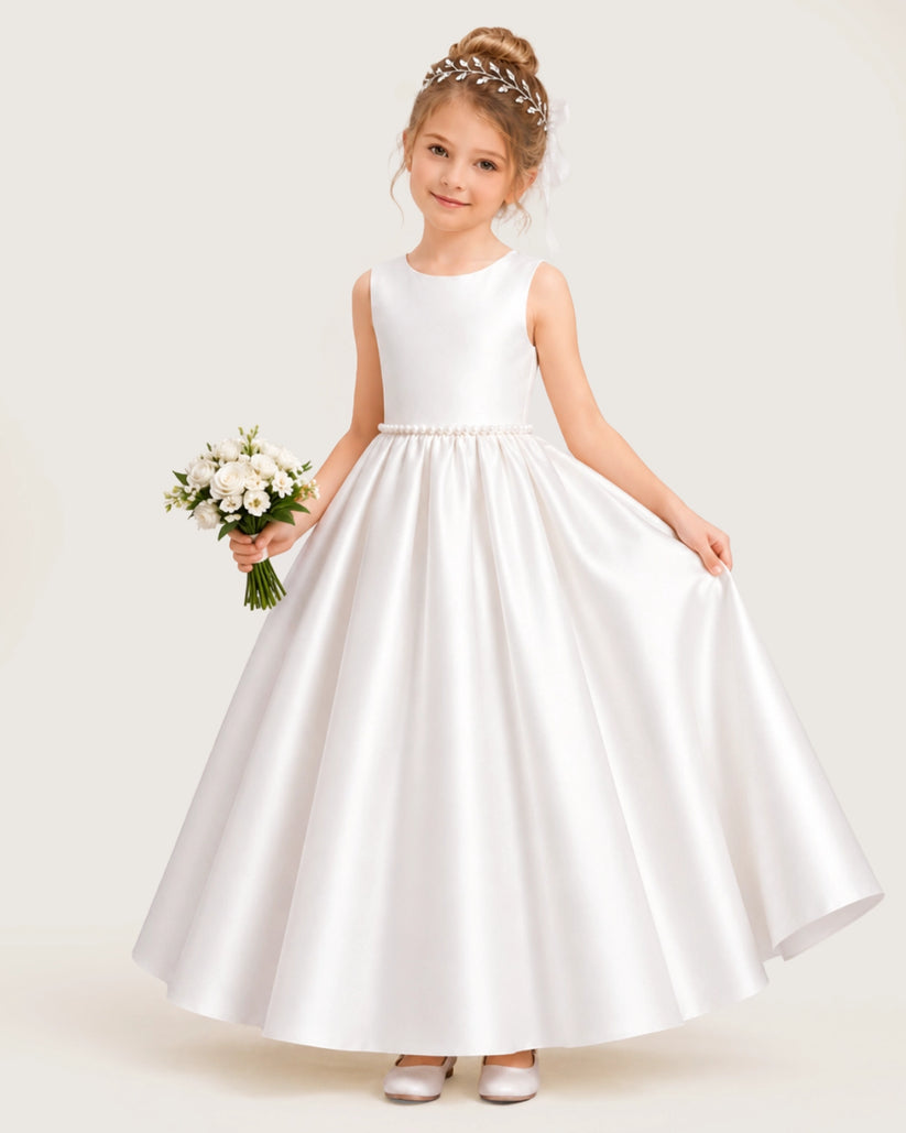 White Satin A-line Flower Girl Dress Front View