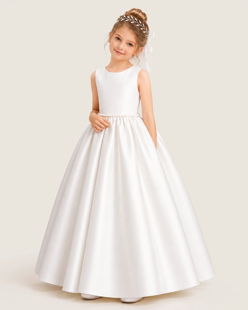 White Satin A-line Flower Girl Dress Front View